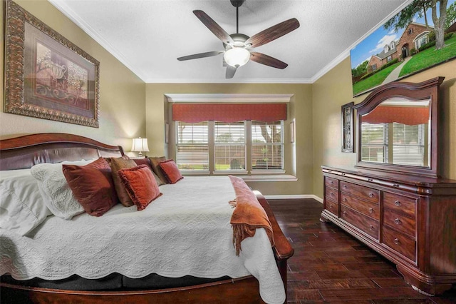 bedroom featuring ornamental molding, baseboards, ceiling fan, a textured ceiling, and dark wood finished floors