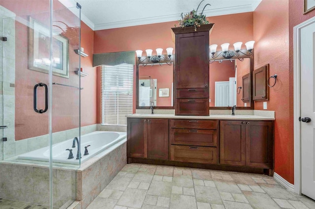 bathroom with crown molding, a sink, double vanity, a bath, and a stall shower