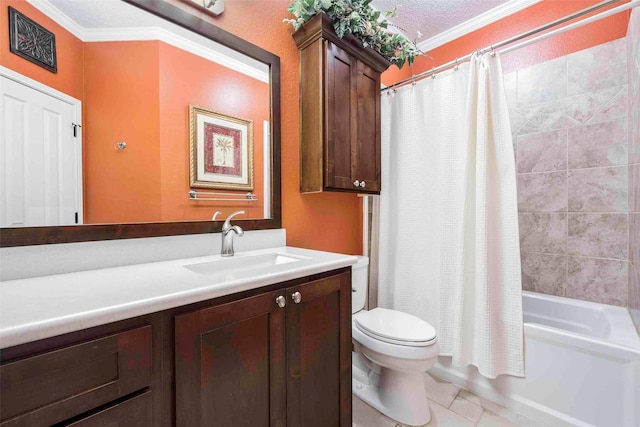 full bathroom with toilet, ornamental molding, shower / bath combo with shower curtain, and vanity