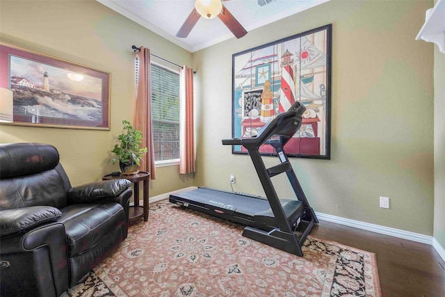 workout room featuring baseboards, ceiling fan, and wood finished floors