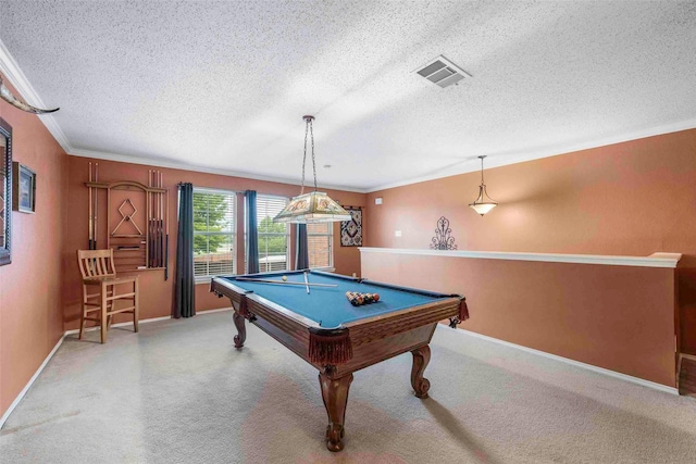 rec room featuring billiards, carpet flooring, a textured ceiling, and visible vents