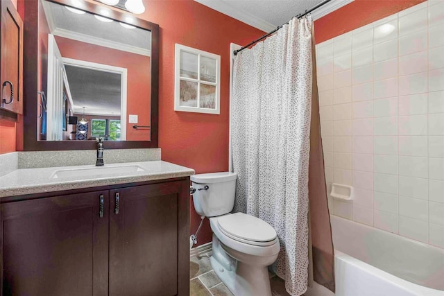 full bath with vanity, ornamental molding, shower / bath combo with shower curtain, and toilet