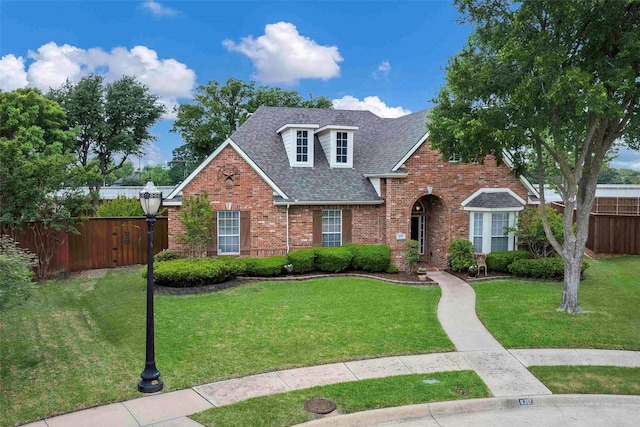 view of front of property featuring brick siding, fence, a shingled roof, and a front lawn