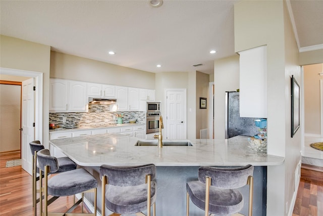 kitchen featuring under cabinet range hood, tasteful backsplash, a sink, light wood finished floors, and appliances with stainless steel finishes