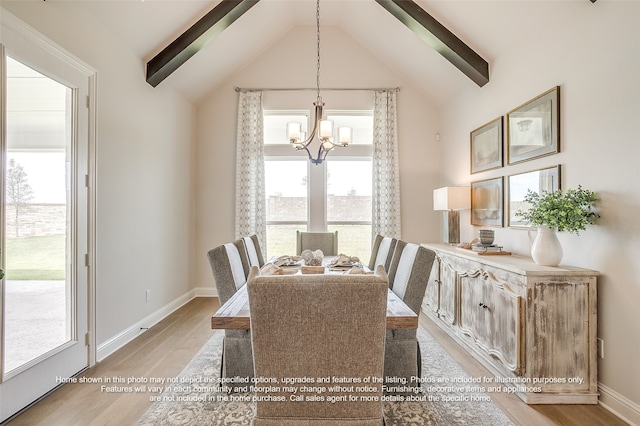 dining area with light wood-style floors, baseboards, vaulted ceiling, and a chandelier