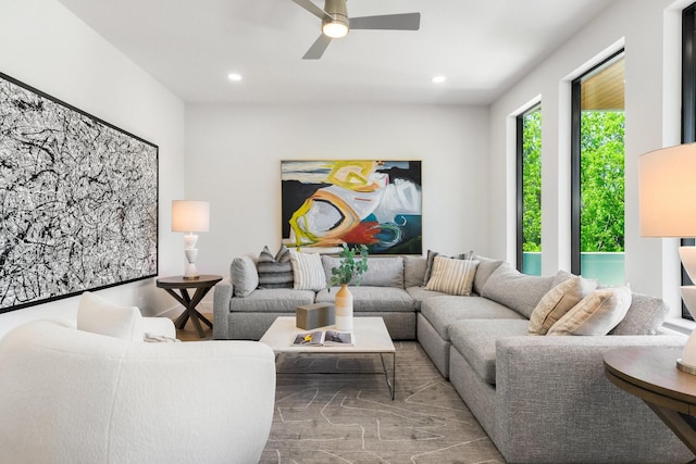 9409 Lenel Pl, Dallas, TX 75220 - living room featuring a ceiling fan and recessed lighting