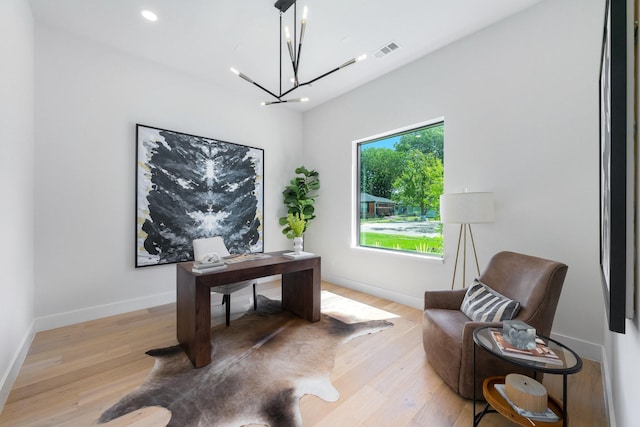 9409 Lenel Pl, Dallas, TX 75220 - office space with a chandelier, light wood-style flooring, baseboards, and recessed lighting