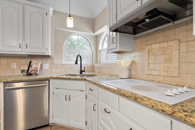 kitchen featuring stainless steel dishwasher, white electric stovetop, a sink, under cabinet range hood, and white cabinetry