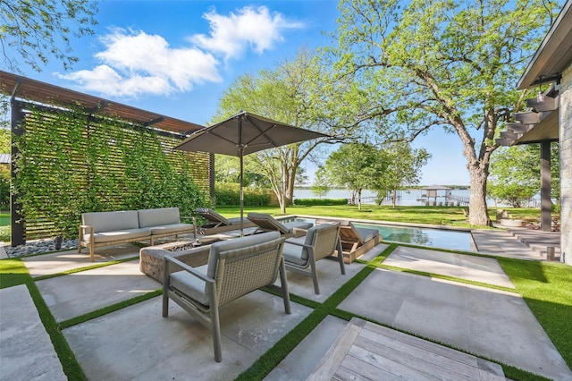 view of patio featuring an outdoor hangout area and a water view