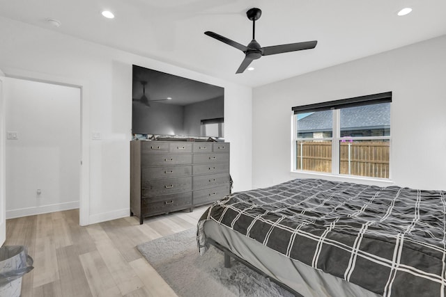 bedroom with recessed lighting, baseboards, ceiling fan, and wood finished floors