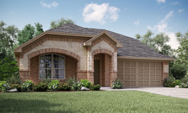 view of front of property with an attached garage, a front yard, driveway, and stone siding