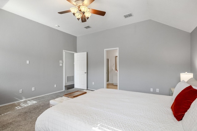 bedroom with carpet floors, vaulted ceiling, and visible vents
