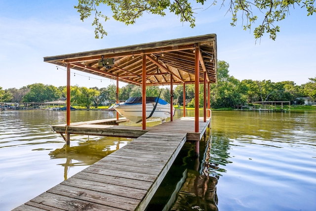 view of dock featuring boat lift and a water view