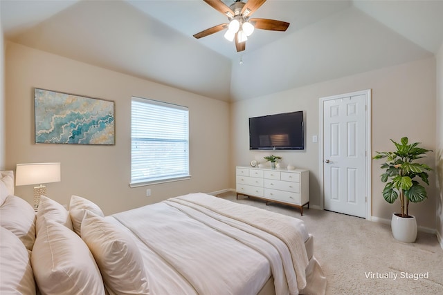 10301 Broadmoor Ln, Rowlett, TX 75089 - bedroom featuring light carpet, vaulted ceiling, baseboards, and a ceiling fan