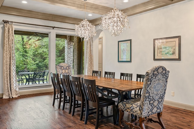 11374 Texas Highway 154 S, Yantis, TX 75497 - dining room with crown molding, arched walkways, baseboards, a notable chandelier, and dark wood-type flooring