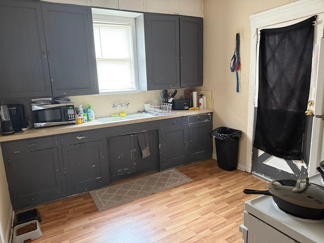 kitchen with light countertops, stainless steel microwave, a sink, and light wood-style flooring