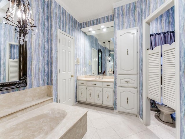 5405 Channel Isle Dr, Plano, TX 75093 - bathroom with wallpapered walls, tile patterned floors, a garden tub, a chandelier, and vanity