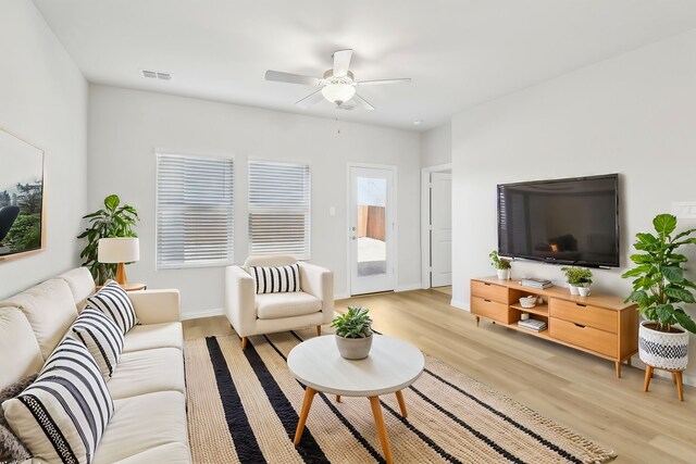 607 Willet Dr, Mckinney, TX 75069 - living room featuring visible vents, a ceiling fan, light wood-style floors, and baseboards