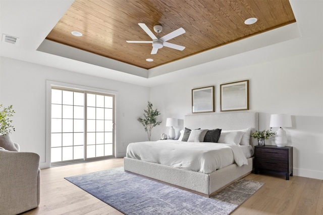 bedroom with light wood-style flooring, recessed lighting, a tray ceiling, visible vents, and wood ceiling