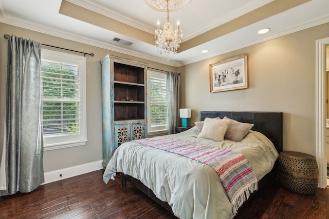 5102 Ridgedale Ave, Dallas, TX 75206 - bedroom with a chandelier, wood-type flooring, multiple windows, ornamental molding, and a tray ceiling