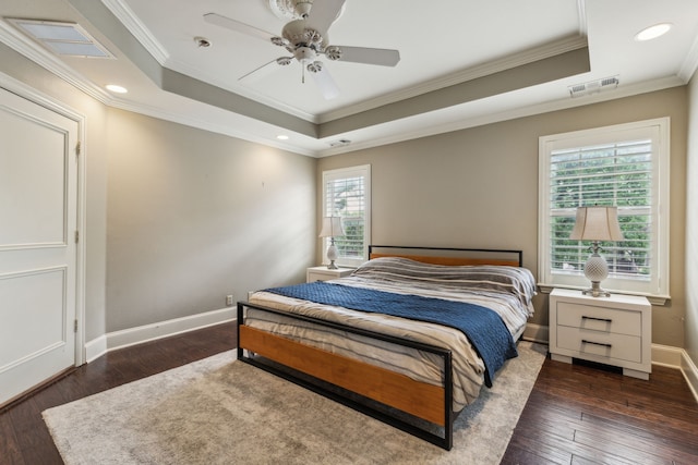 5102 Ridgedale Ave, Dallas, TX 75206 - bedroom featuring a tray ceiling, crown molding, hardwood / wood-style flooring, baseboards, and recessed lighting