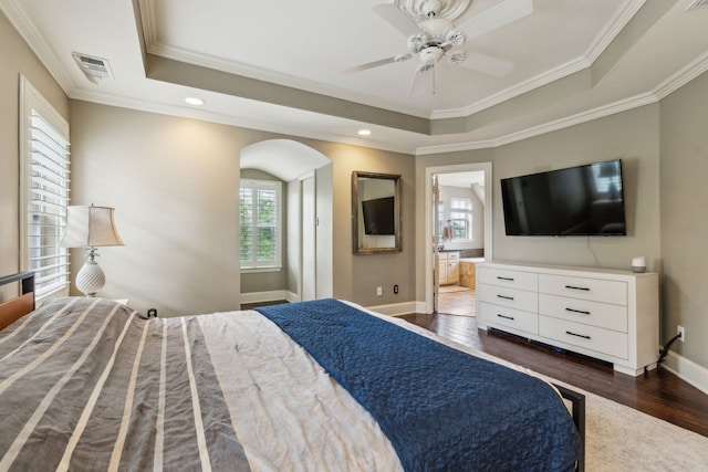 5102 Ridgedale Ave, Dallas, TX 75206 - bedroom with a raised ceiling, multiple windows, dark wood-style floors, ornamental molding, and baseboards