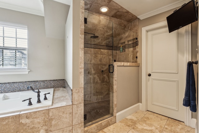 5102 Ridgedale Ave, Dallas, TX 75206 - bathroom with ornamental molding, a bath, a shower stall, and baseboards