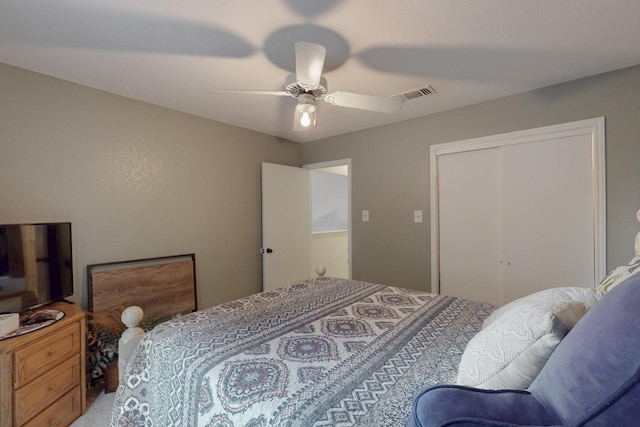 bedroom featuring a ceiling fan, a closet, and visible vents