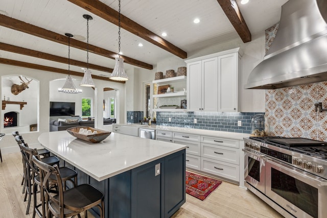 2291 W Fm 550, Rockwall, TX 75032 - kitchen featuring light wood-style floors, open shelves, wall chimney range hood, and stainless steel appliances