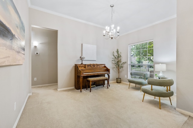 sitting room featuring crown molding and carpet flooring