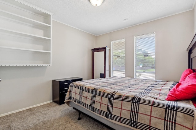 carpeted bedroom with crown molding, baseboards, and a textured ceiling