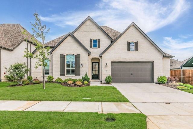 french country home featuring a garage, fence, a front yard, brick siding, and driveway