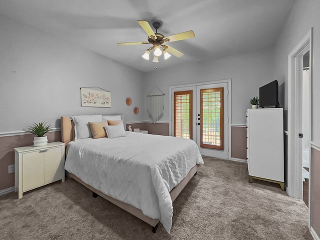 bedroom featuring baseboards, access to outside, french doors, a ceiling fan, and carpet