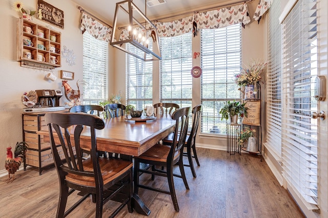 dining area featuring baseboards, visible vents, wood finished floors, and a wealth of natural light
