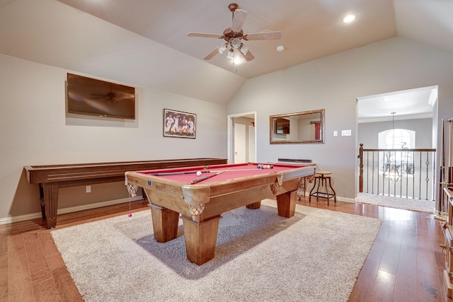 game room featuring a ceiling fan, pool table, wood finished floors, baseboards, and lofted ceiling