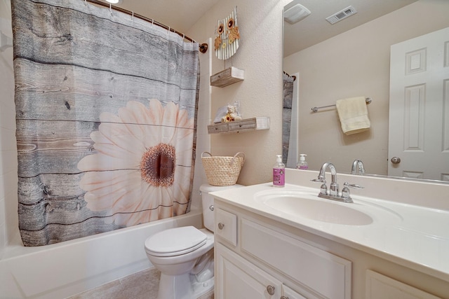 bathroom featuring tile patterned flooring, vanity, toilet, shower / bath combination with curtain, and visible vents