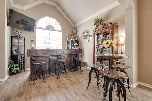 bar with baseboards, a dry bar, wood finished floors, and lofted ceiling
