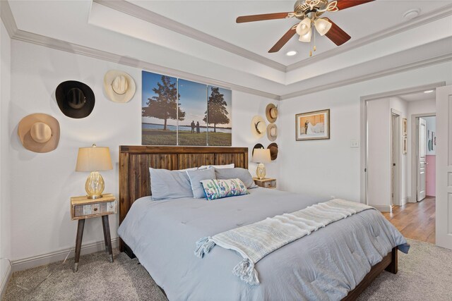 carpeted bedroom featuring crown molding, a ceiling fan, and a tray ceiling