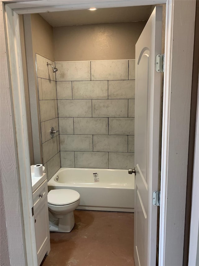 full bath with vanity, bathing tub / shower combination, toilet, and unfinished concrete floors