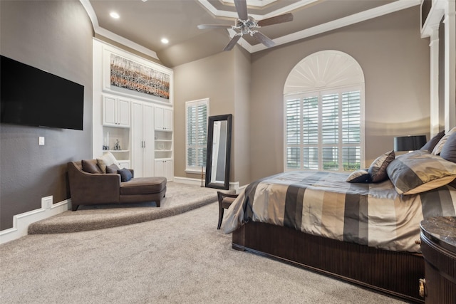 bedroom with crown molding, recessed lighting, ceiling fan, and carpet