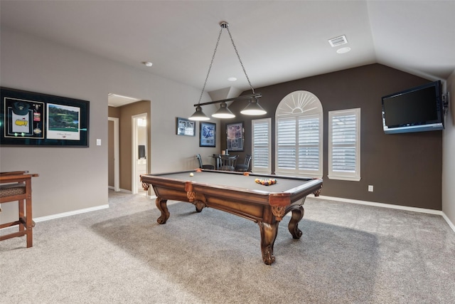 rec room featuring billiards, visible vents, vaulted ceiling, baseboards, and carpet flooring