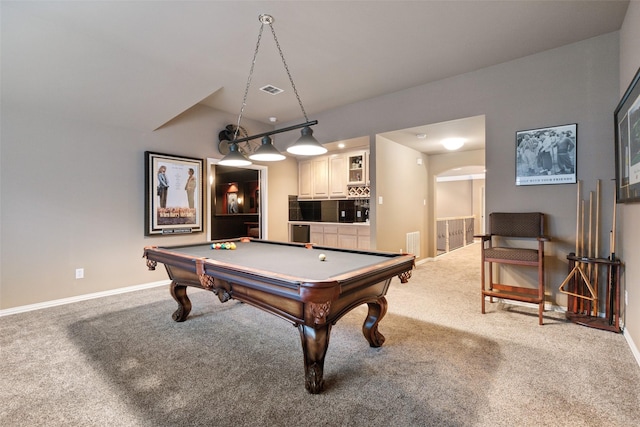 playroom with visible vents, baseboards, billiards, arched walkways, and carpet flooring