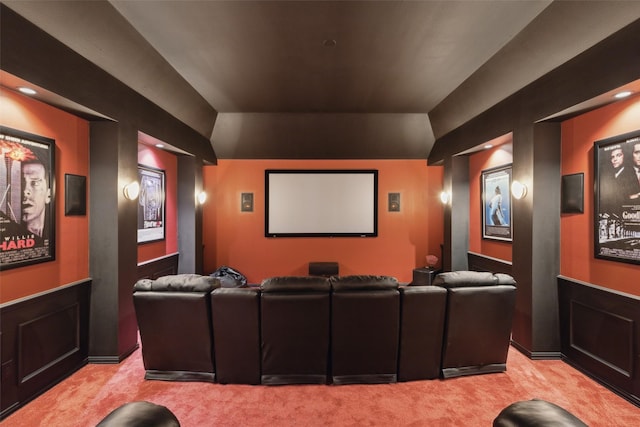 home theater room with light colored carpet and recessed lighting