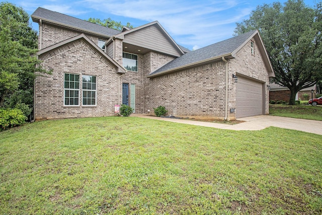 traditional home featuring brick siding, a garage, concrete driveway, and a front lawn