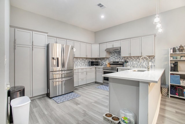 kitchen with appliances with stainless steel finishes, a sink, a peninsula, and light wood-style floors