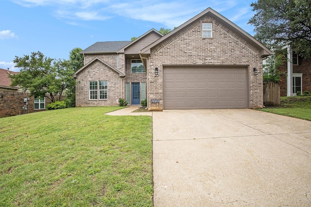 traditional-style house with brick siding, driveway, a front yard, and an attached garage