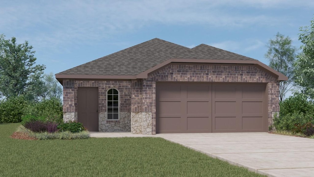 view of front of house with a shingled roof, a front lawn, stone siding, a garage, and driveway