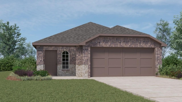 view of front of house with a shingled roof, a front lawn, stone siding, a garage, and driveway