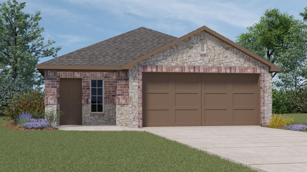 view of front of home with a garage, a front lawn, concrete driveway, a shingled roof, and stone siding