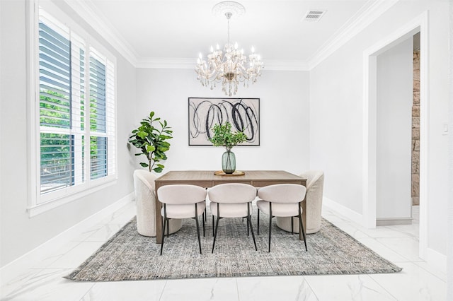 3401 Anthony Cir, Rowlett, TX 75088 - dining room with marble look tiles, a chandelier, ornamental molding, and baseboards